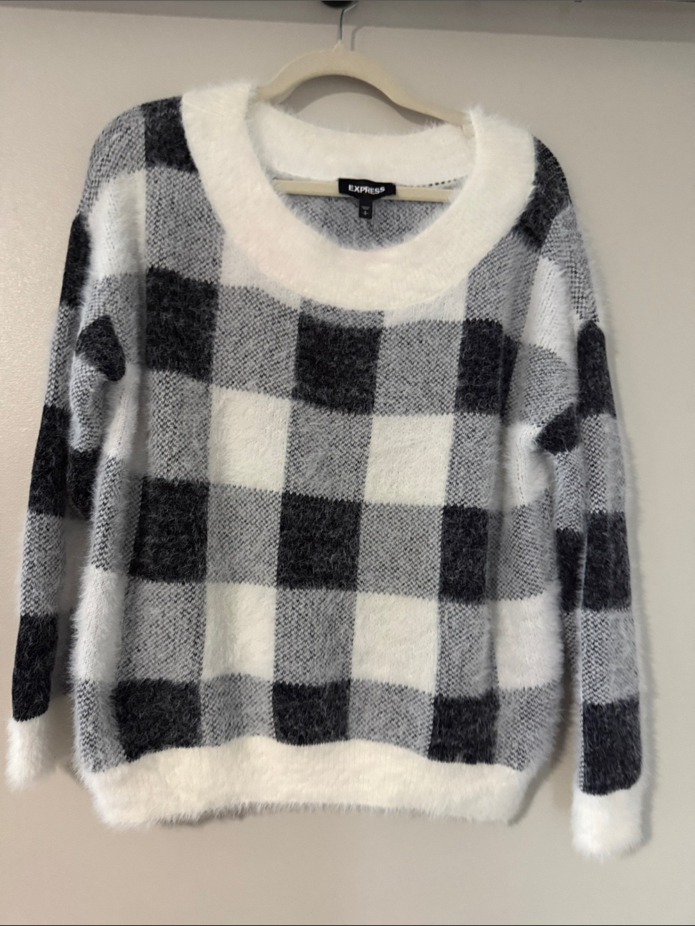 Express Women’s Black & White Buffalo Check Fuzzy Crewneck Sweater